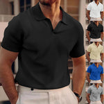 Men's waffle V-neck polo shirt, short sleeves, black with button placket and textured knit