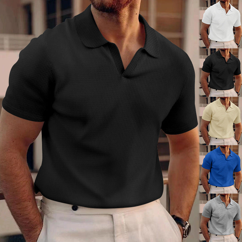 Men's waffle V-neck polo shirt, short sleeves, black with button placket and textured knit
