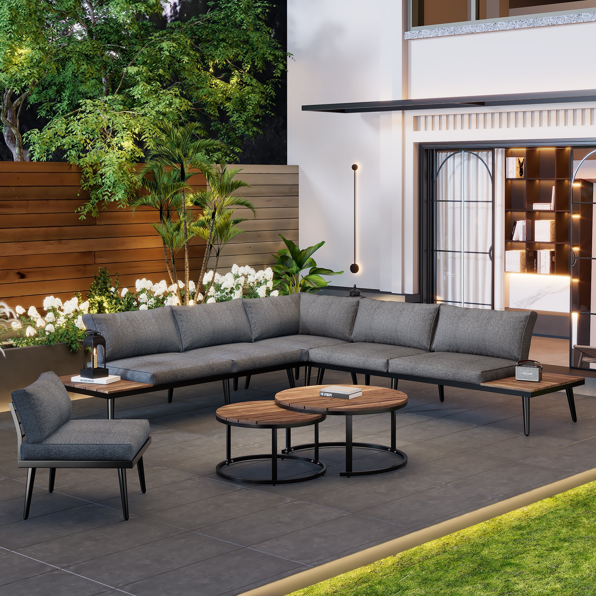 Sofá modular de exterior con estructura de hierro galvanizado, cojines lavables, mesas anidables de madera de acacia, para patio y jardín