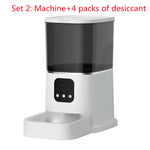 White smart pet feeder with clear storage container and control button panel