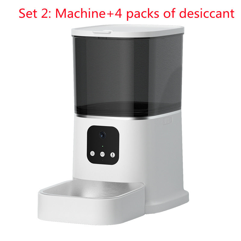 White smart pet feeder with clear storage container and control button panel