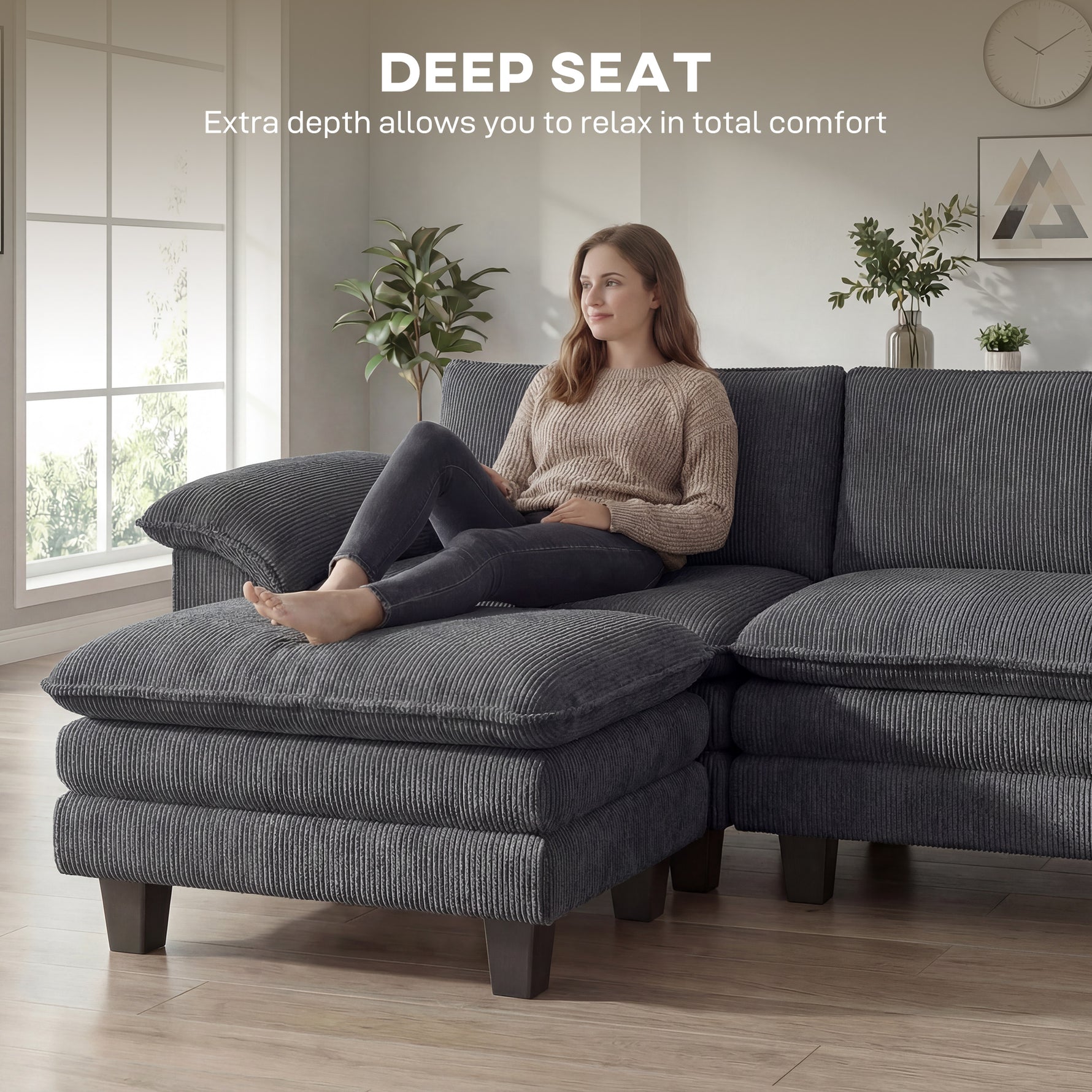 Sectional Sofa, L Shaped Couch with Deep Seat, Movable Ottoman and Pillow-top Armrests, Dark Gray
