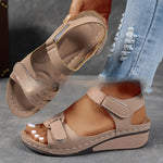 Thick-sole velcro strap sandals, light beige with open toe and stitched velcro straps