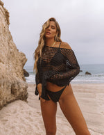 Black mesh hollow knit beach cover-up top with off-shoulder neckline and long sleeves