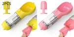 Portable pet water bottle feeder bowl set: yellow and pink with clear bottle and bag dispenser