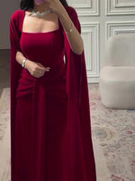 Burgundy Square-Neck Cape Maxi Dress – Elegant Regular Fit