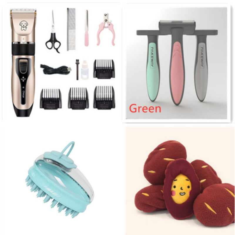Pet grooming clipper kit with green clipper set, comb guards, brush, and grooming tools.