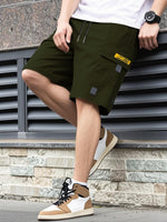 Men's olive utility shorts with drawstring, high waist, and side flap cargo pocket