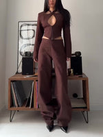 Chic & Confident Brown Crop Top with High-Waist Pants Suit for Effortless Style