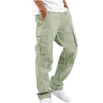 Men’s cargo pants, light green, multi-pocket cargo style, drawstring waist, straight leg