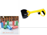 Yellow and black dog waste scooper with bag rolls shown in an inset.