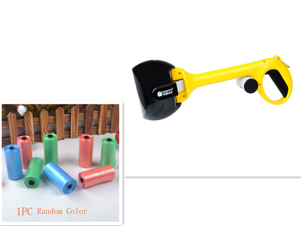 Yellow and black dog waste scooper with bag rolls shown in an inset.