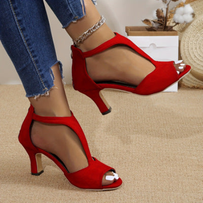 Red high-heel open-toe sandals with fish-mouth cutout and ankle strap