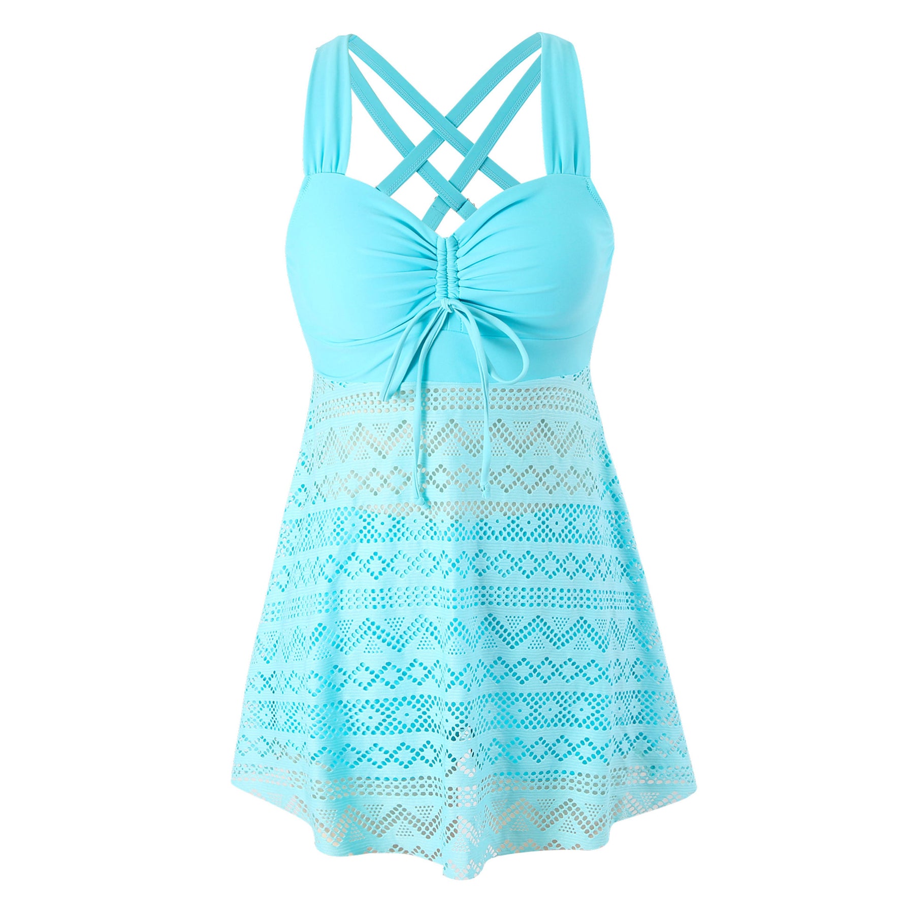 Light blue one-piece swimsuit with crisscross back straps, ruched bust, lace overlay skirt