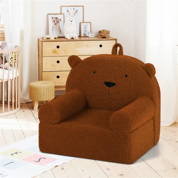 Sofá infantil con forma de oso – Sillón de espuma de forro polar para niños pequeños, Marrón