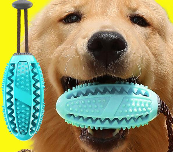 Teal suction cup dog tug toy with spiky chew ring and brown rope