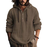 Men's hooded pullover shirt, taupe; front button placket, drawstring hood, long sleeves
