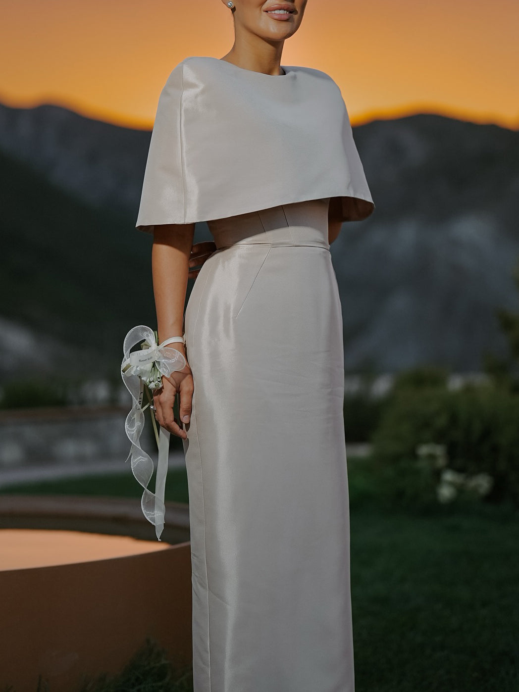 Satin cape-style top and fitted maxi dress set, short cape sleeves, ivory ribbon detail