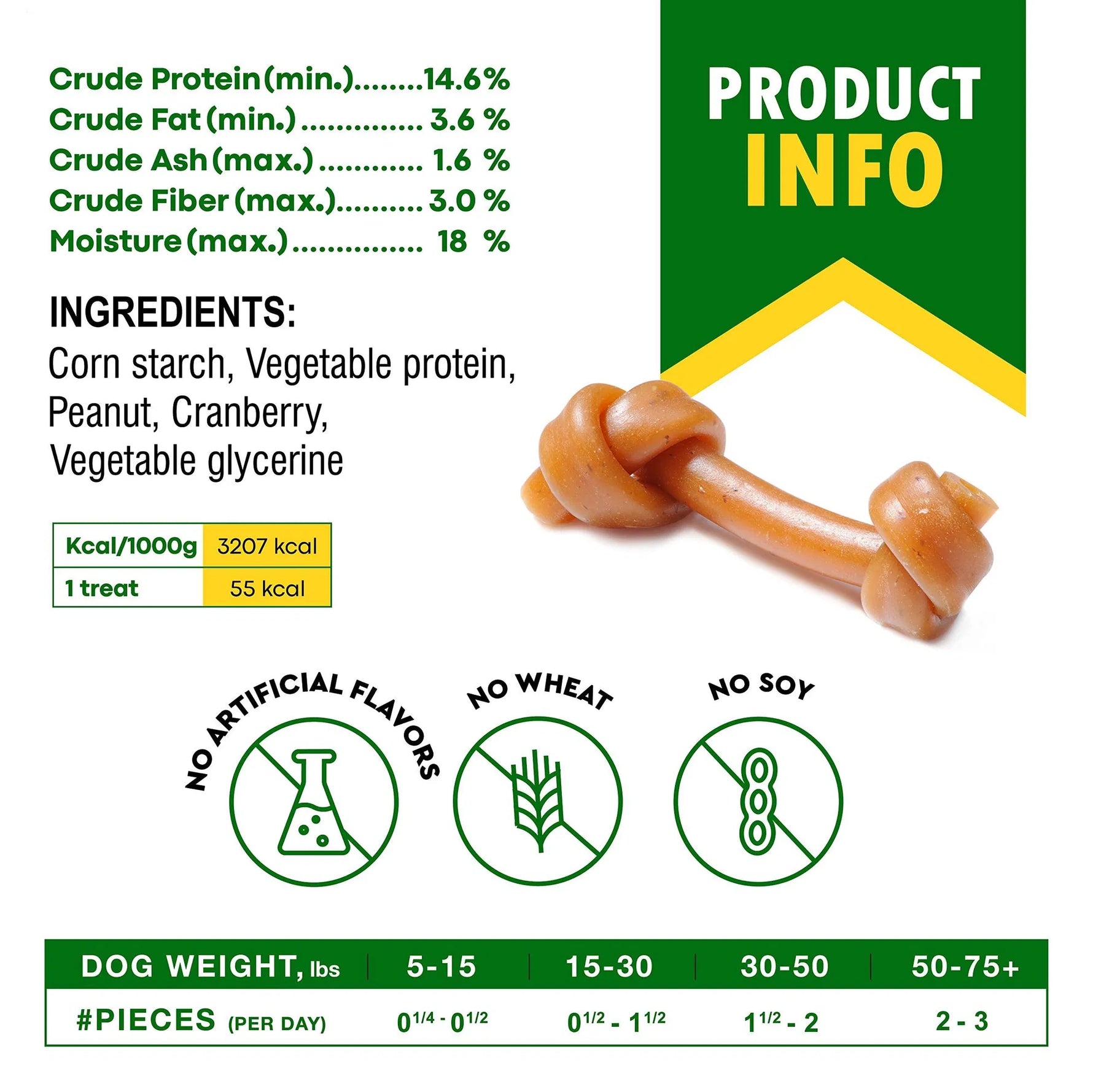 Single brown chew bone on a product info panel with ingredients and nutrition