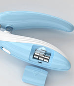 Blue pet LED nail grinder with cylindrical sanding drum in a clear holder