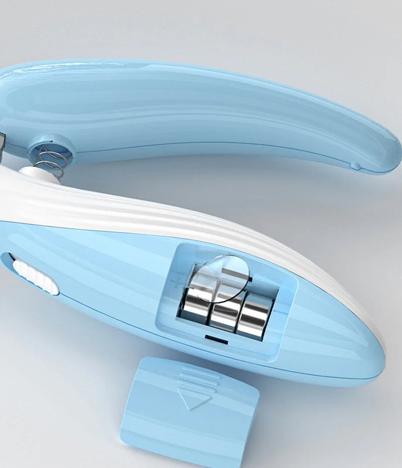 Blue pet LED nail grinder with cylindrical sanding drum in a clear holder