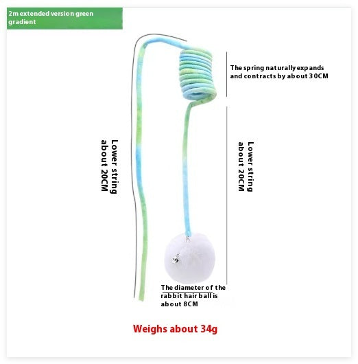 Blue and green gradient spring cat toy with rabbit fur hair ball and long cord