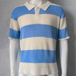 Men's short-sleeve knit polo sweater with blue and cream horizontal color-block stripes