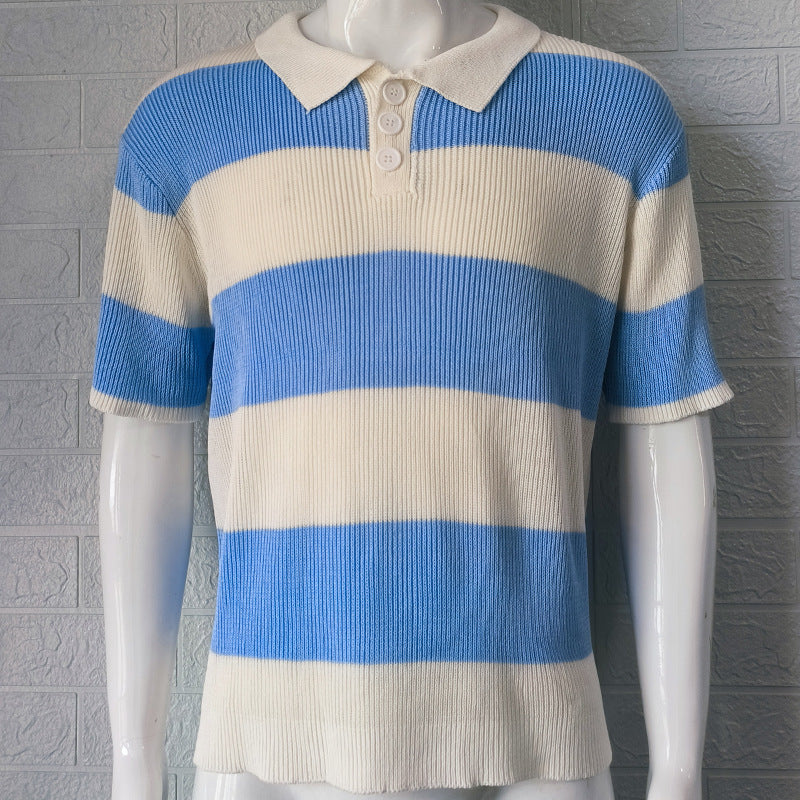 Men's short-sleeve knit polo sweater with blue and cream horizontal color-block stripes