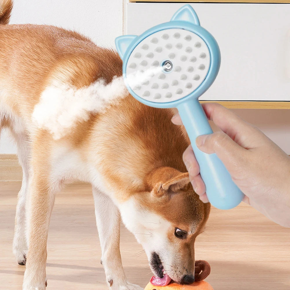 Blue self-cleaning pet grooming brush with mist spray head and soft bristle pads