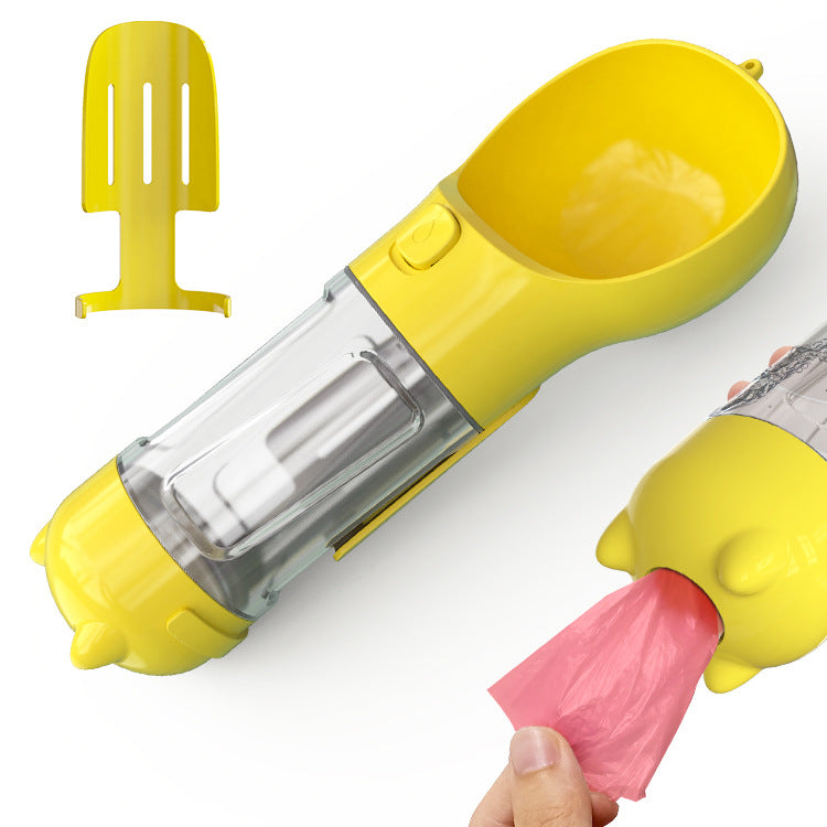 Yellow portable dog water bottle with stainless chamber and pink poop-bag roll