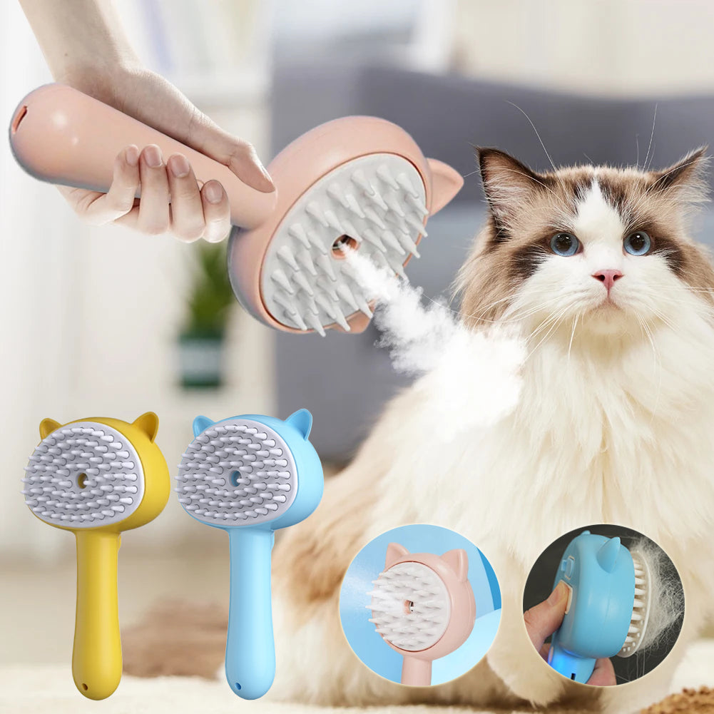 Pink-and-white self-cleaning pet grooming slicker brush with mist spray nozzle