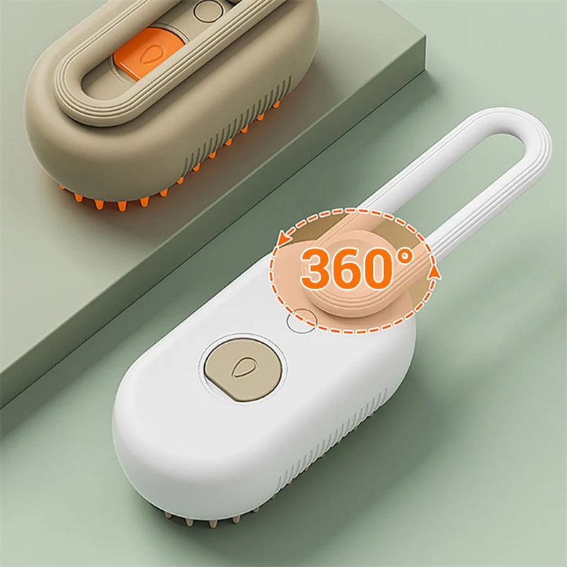 Electric steam pet brush with 360-degree swivel base, beige and white bodies