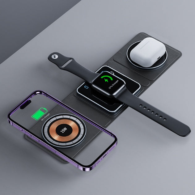 3-in-1 wireless charger station with fold-out base and black watch stand