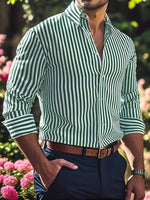 Men's striped button-up shirt, spread collar, long sleeves, vertical green-and-white stripes