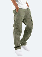 Men’s cargo pants, olive green, multi-pocket design with side flap pockets, drawstring