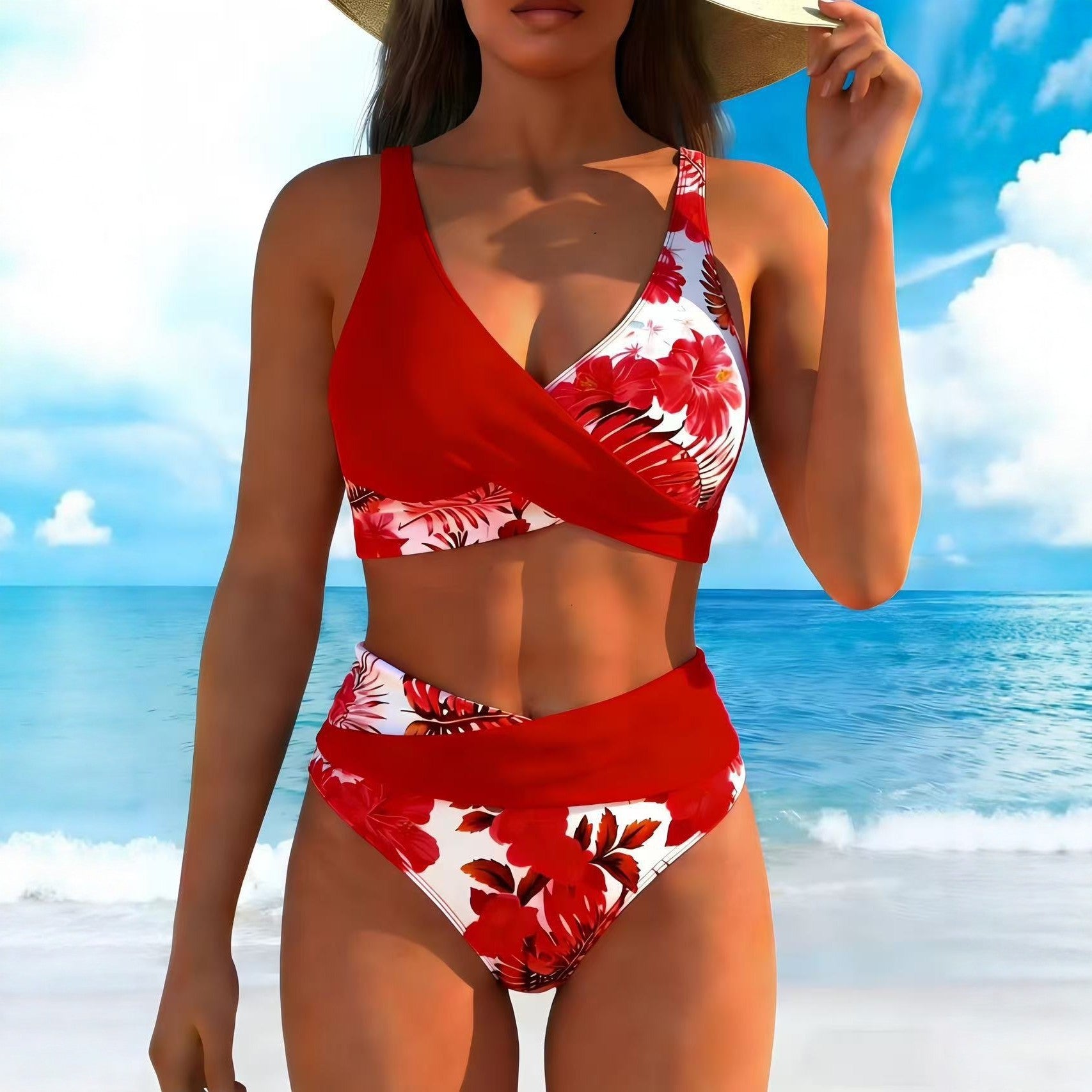 Red and white floral wrap bikini set with matching high-waist bottoms