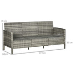 Rattan Sofa Mit Kissen, Dreisitzer, Garten Loungesofa, Stahl, Grau, 173 X 68 X 78 Cm