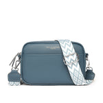 Blue small square leather crossbody bag with zip top and wide rhombus embroidered strap