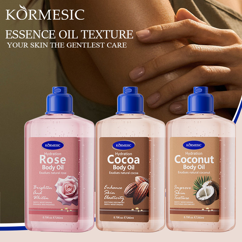 KORMESIC cocoa body oil bottle among three body oil bottles with blue caps