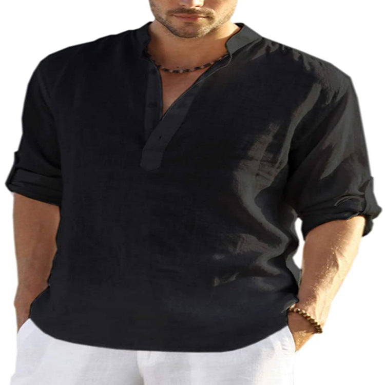 Men's cotton-linen long-sleeve shirt, black stand collar with button placket