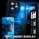 Dark NFC smart display phone case with glowing blue square screen window