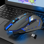 Black ergonomic wireless gaming mouse with blue LED accents and USB dongle