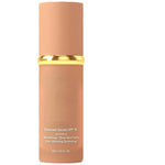 Amber liquid foundation bottle with gold band and SPF serum label, 30g size
