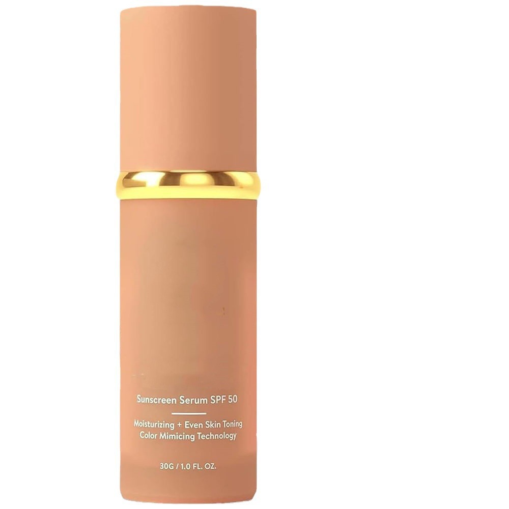 Amber liquid foundation bottle with gold band and SPF serum label, 30g size