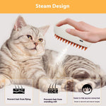 Handheld pet steam spray grooming comb with orange bristles on white body