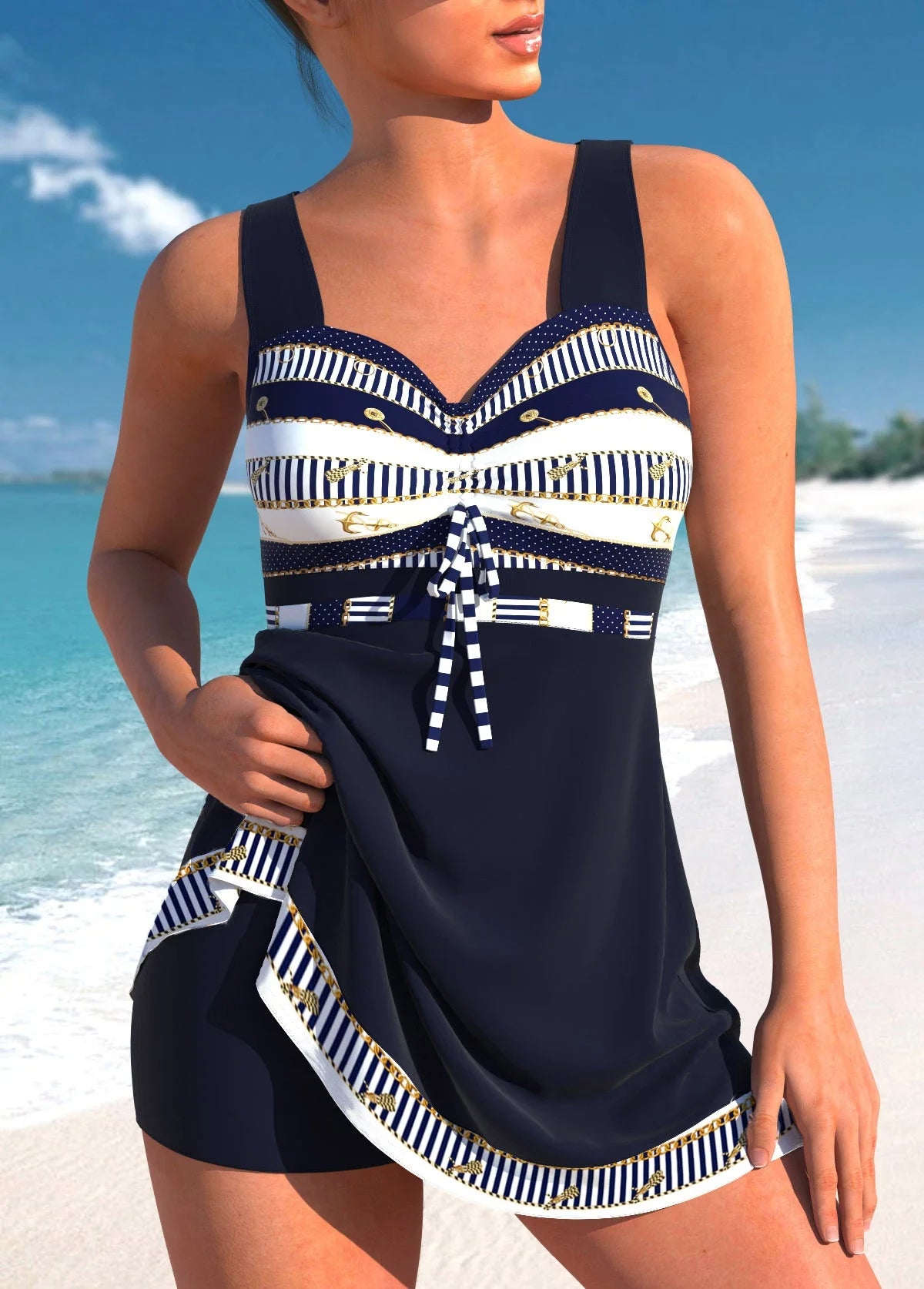 Plus size quick-dry split skirt bikini swimsuit, navy nautical stripe top with tie and black skirt