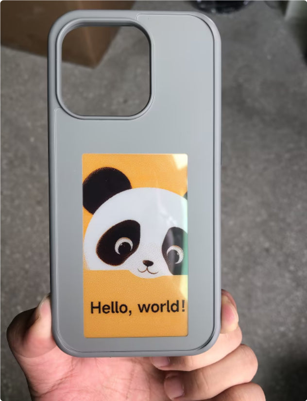Gray phone case with square camera cutout and panda graphic on front display
