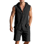 Men's sleeveless two-piece set in black, hooded button-front shirt and matching shorts.