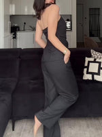 Striped tube top and high-waist trousers set, dark pinstripe strapless top in side view