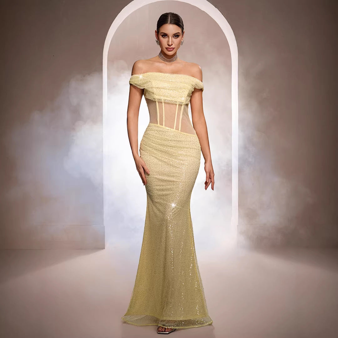 Glamourous Nights Off-the-Shoulder Sequined Mermaid Gown – Dazzle at Every Evening Event